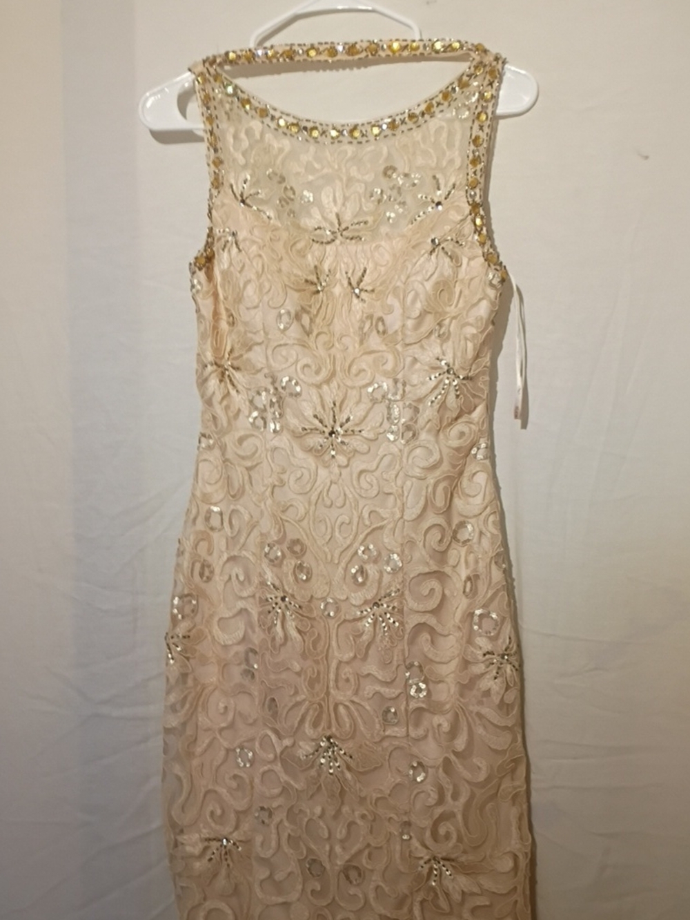 Sue Wong Ivory Beaded Illusion Neck Midi Dress